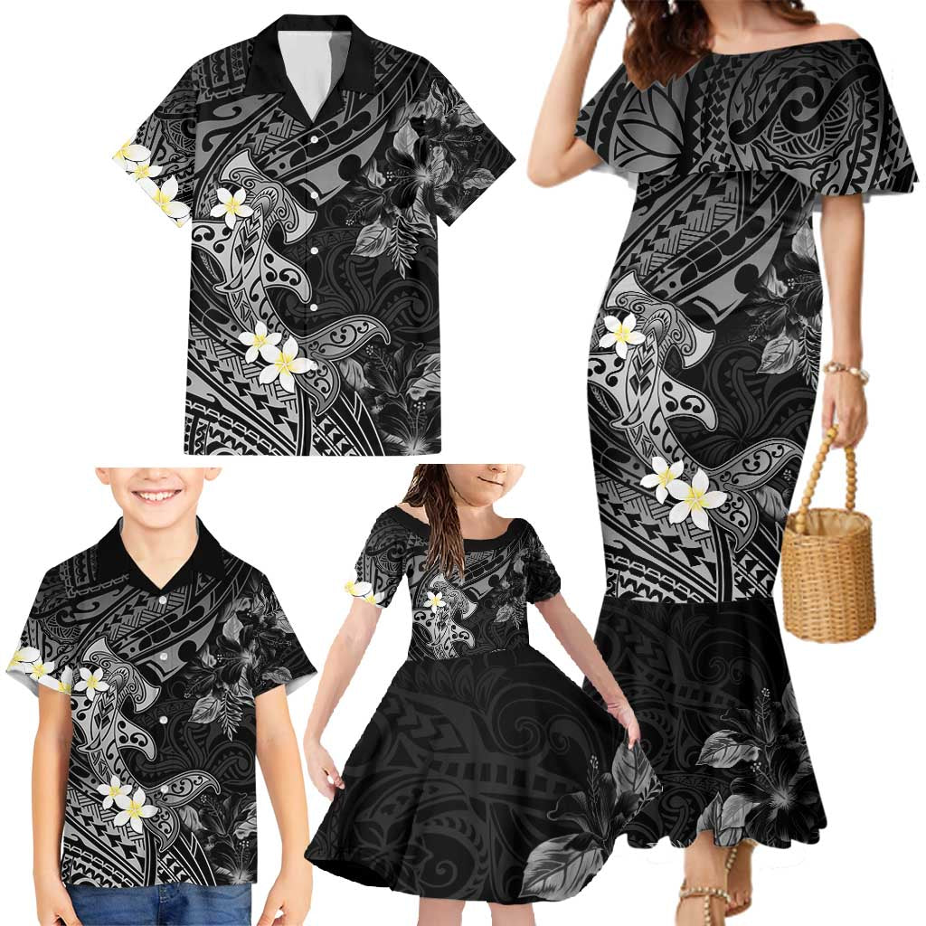 Polynesia Hammerhead Shark Family Matching Mermaid Dress and Hawaiian Shirt Tropical Flowers Tribal Pattern Black