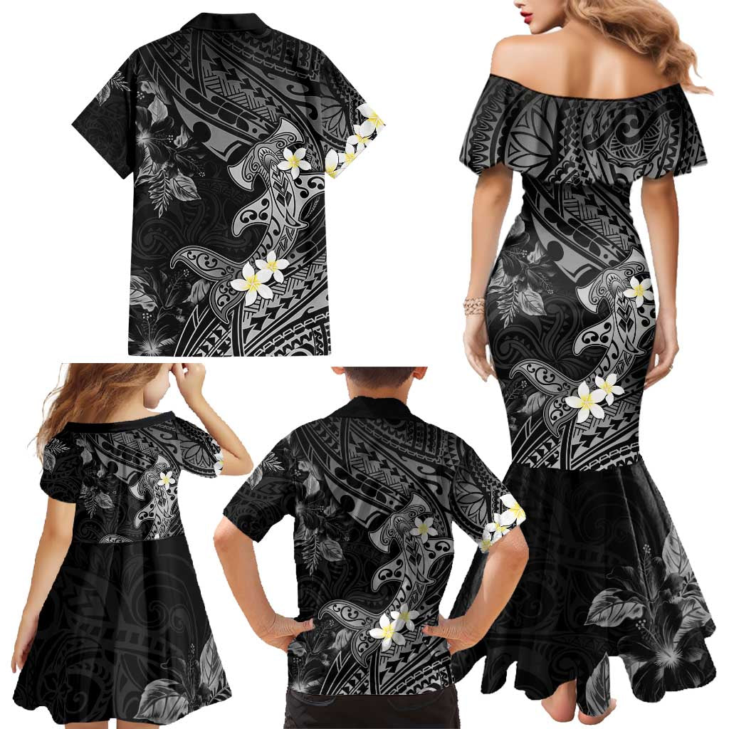 Polynesia Hammerhead Shark Family Matching Mermaid Dress and Hawaiian Shirt Tropical Flowers Tribal Pattern Black LT05 - Polynesian Pride