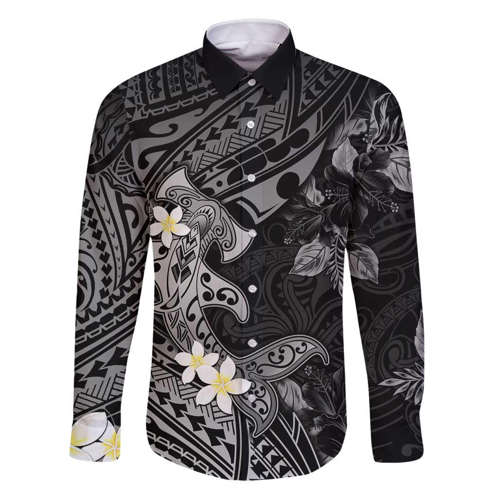 Polynesia Hammerhead Shark Family Matching Mermaid Dress and Hawaiian Shirt Tropical Flowers Tribal Pattern Black LT05 Dad's Shirt - Long Sleeve Black - Polynesian Pride