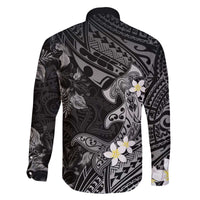 Polynesia Hammerhead Shark Family Matching Off The Shoulder Long Sleeve Dress and Hawaiian Shirt Tropical Flowers Tribal Pattern Black