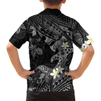 Polynesia Hammerhead Shark Family Matching Off Shoulder Maxi Dress and Hawaiian Shirt Tropical Flowers Tribal Pattern Black