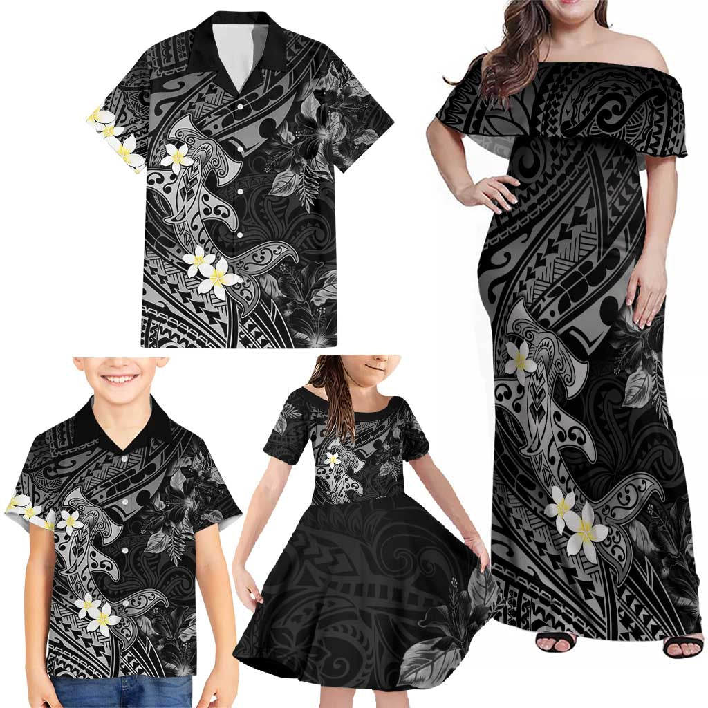 Polynesia Hammerhead Shark Family Matching Off Shoulder Maxi Dress and Hawaiian Shirt Tropical Flowers Tribal Pattern Black LT05 - Polynesian Pride