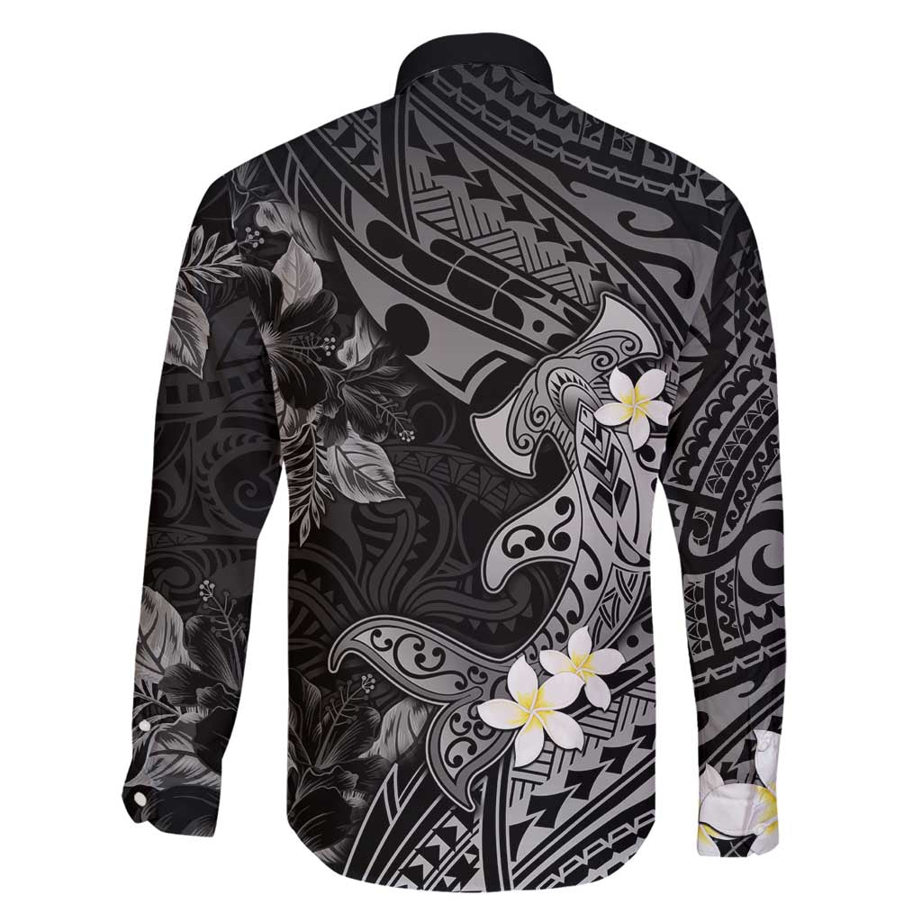 Polynesia Hammerhead Shark Family Matching Off Shoulder Maxi Dress and Hawaiian Shirt Tropical Flowers Tribal Pattern Black