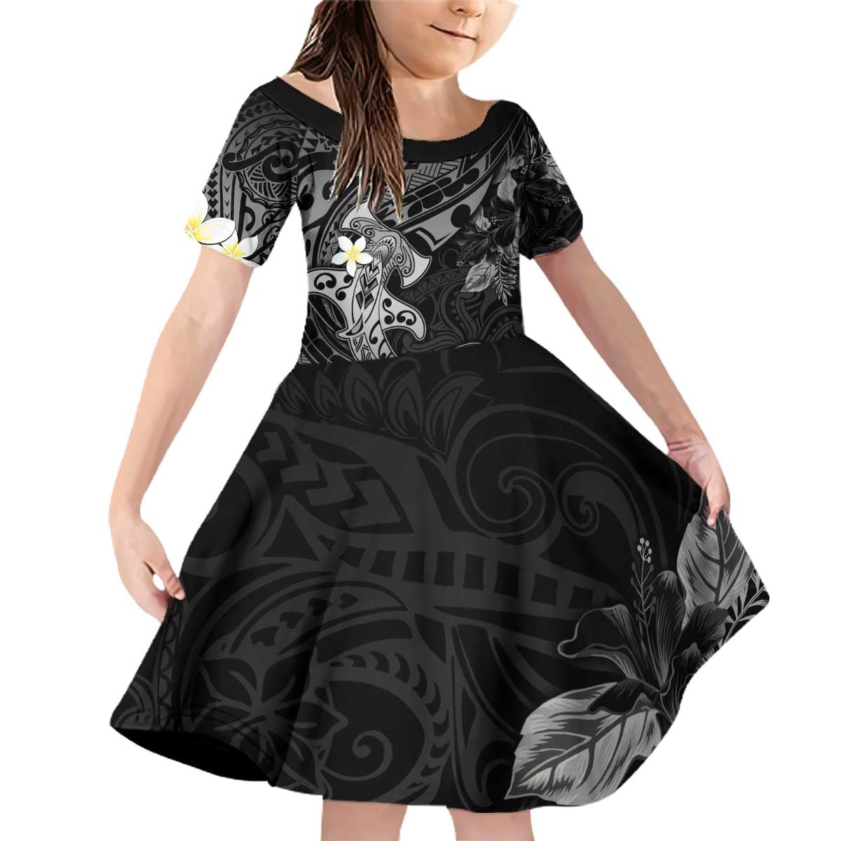 Polynesia Hammerhead Shark Family Matching Off Shoulder Short Dress and Hawaiian Shirt Tropical Flowers Tribal Pattern Black LT05 Daughter's Dress Black - Polynesian Pride