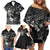 Polynesia Hammerhead Shark Family Matching Off Shoulder Short Dress and Hawaiian Shirt Tropical Flowers Tribal Pattern Black