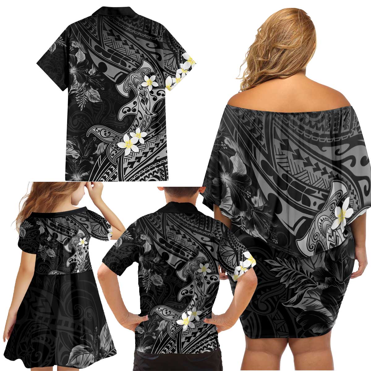 Polynesia Hammerhead Shark Family Matching Off Shoulder Short Dress and Hawaiian Shirt Tropical Flowers Tribal Pattern Black LT05 - Polynesian Pride