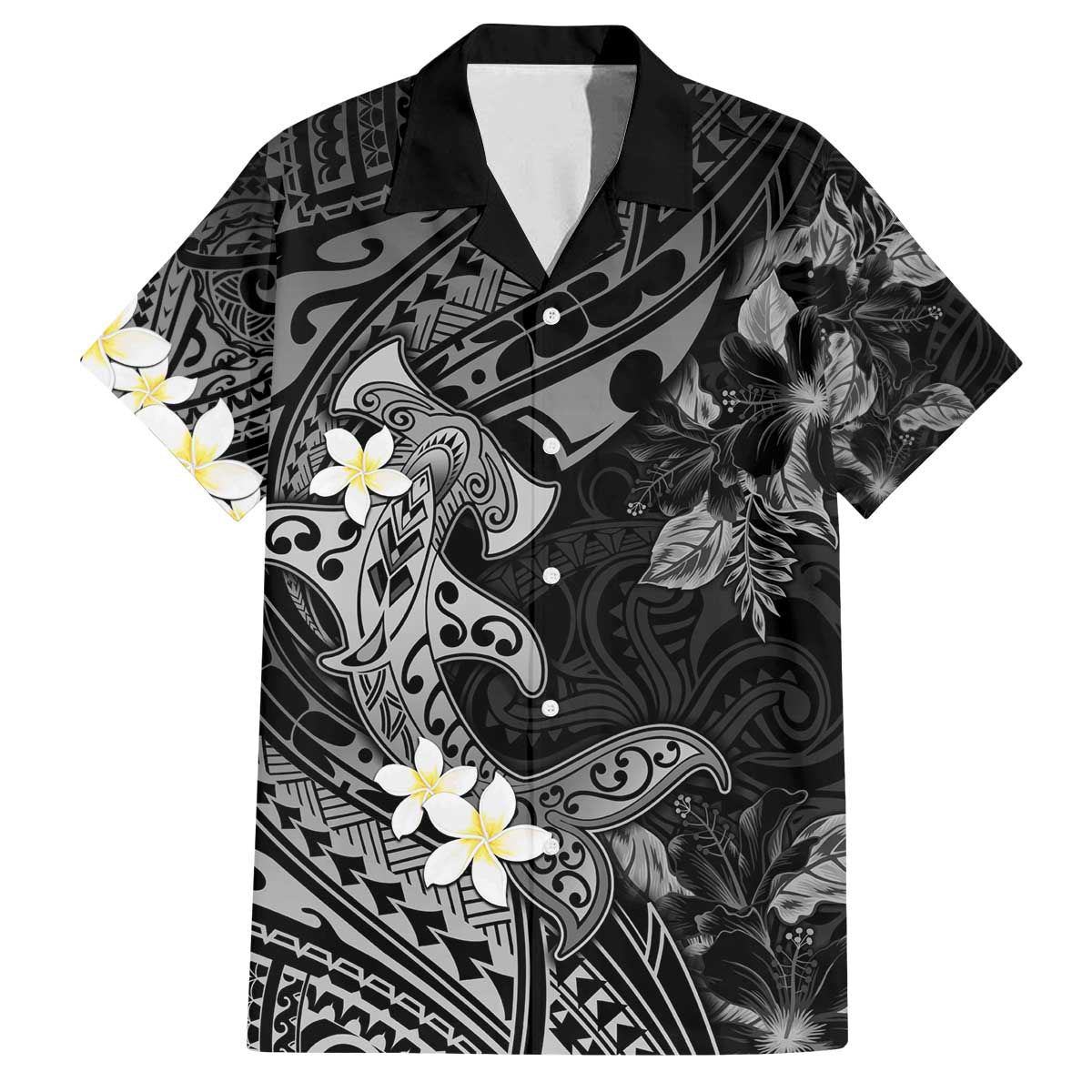 Polynesia Hammerhead Shark Family Matching Off Shoulder Short Dress and Hawaiian Shirt Tropical Flowers Tribal Pattern Black LT05 Dad's Shirt - Short Sleeve Black - Polynesian Pride