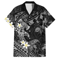 Polynesia Hammerhead Shark Family Matching Off Shoulder Short Dress and Hawaiian Shirt Tropical Flowers Tribal Pattern Black LT05 Dad's Shirt - Short Sleeve Black - Polynesian Pride