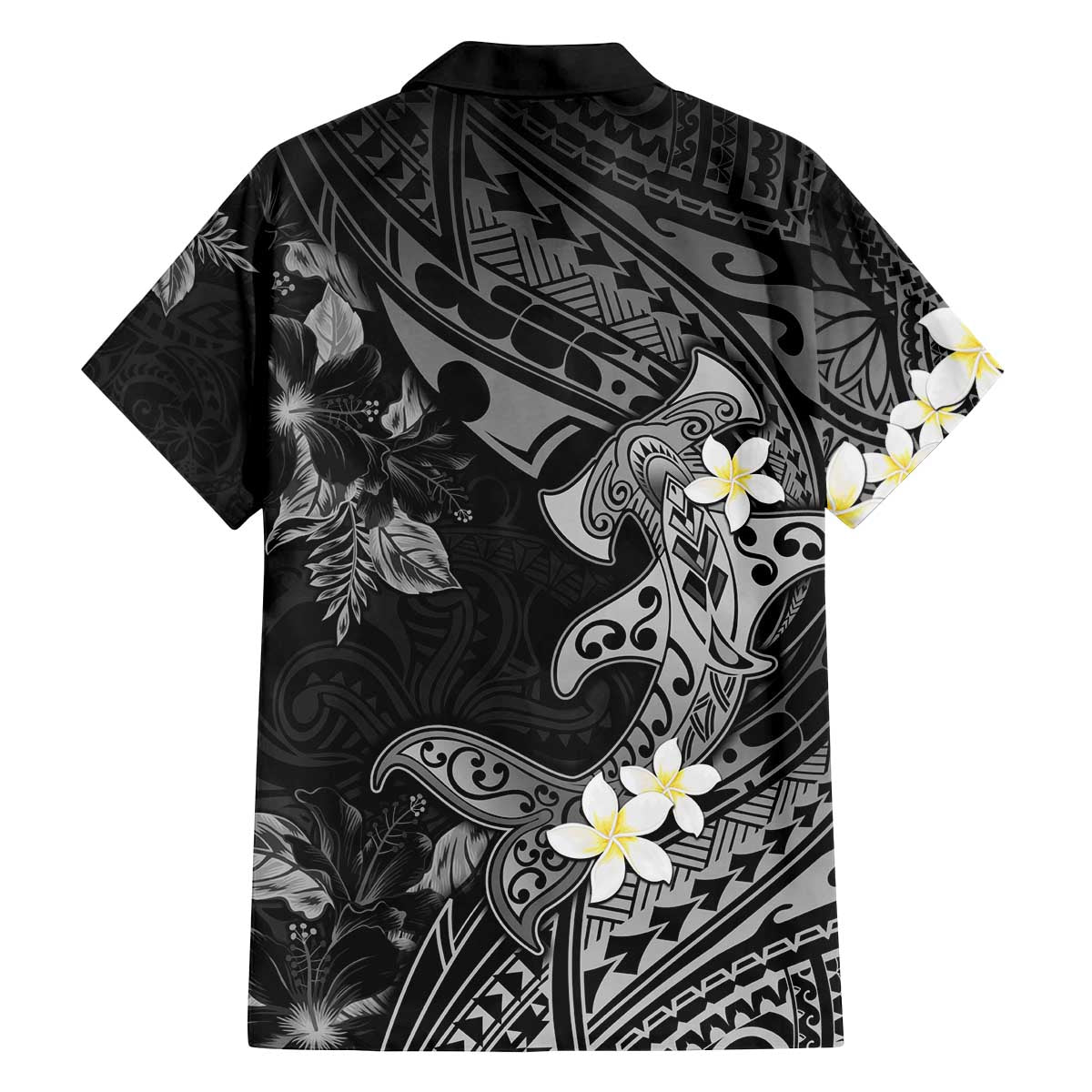 Polynesia Hammerhead Shark Family Matching Off Shoulder Short Dress and Hawaiian Shirt Tropical Flowers Tribal Pattern Black LT05 - Polynesian Pride