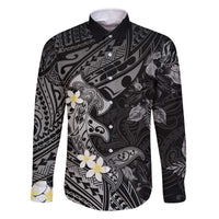 Polynesia Hammerhead Shark Family Matching Off Shoulder Short Dress and Hawaiian Shirt Tropical Flowers Tribal Pattern Black LT05 Dad's Shirt - Long Sleeve Black - Polynesian Pride