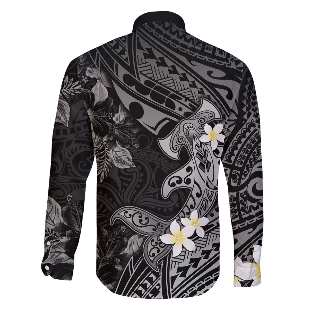 Polynesia Hammerhead Shark Family Matching Off Shoulder Short Dress and Hawaiian Shirt Tropical Flowers Tribal Pattern Black LT05 - Polynesian Pride