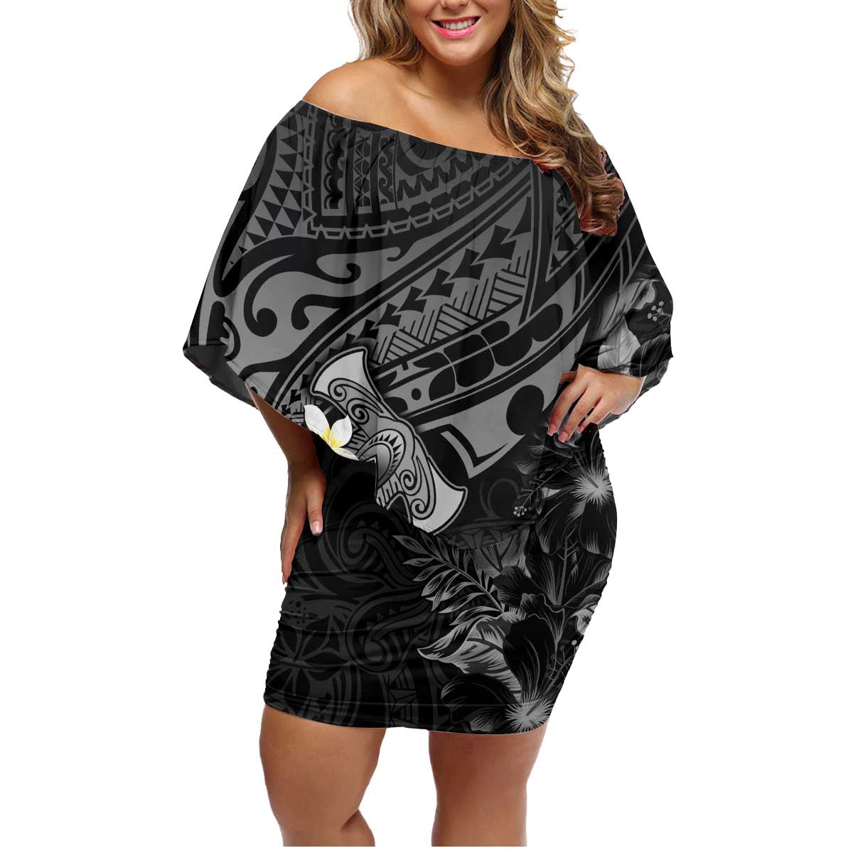 Polynesia Hammerhead Shark Family Matching Off Shoulder Short Dress and Hawaiian Shirt Tropical Flowers Tribal Pattern Black LT05 Mom's Dress Black - Polynesian Pride
