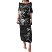 Polynesia Hammerhead Shark Family Matching Puletasi and Hawaiian Shirt Tropical Flowers Tribal Pattern Black