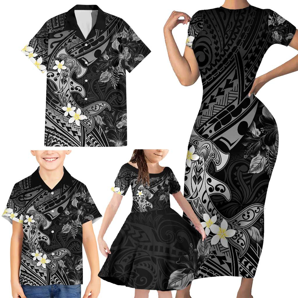 Polynesia Hammerhead Shark Family Matching Short Sleeve Bodycon Dress and Hawaiian Shirt Tropical Flowers Tribal Pattern Black