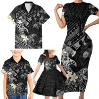 Polynesia Hammerhead Shark Family Matching Short Sleeve Bodycon Dress and Hawaiian Shirt Tropical Flowers Tribal Pattern Black LT05 - Polynesian Pride