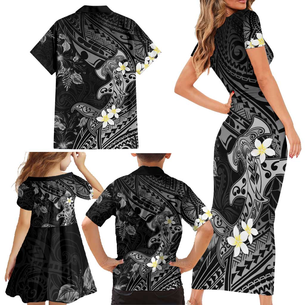 Polynesia Hammerhead Shark Family Matching Short Sleeve Bodycon Dress and Hawaiian Shirt Tropical Flowers Tribal Pattern Black LT05 - Polynesian Pride