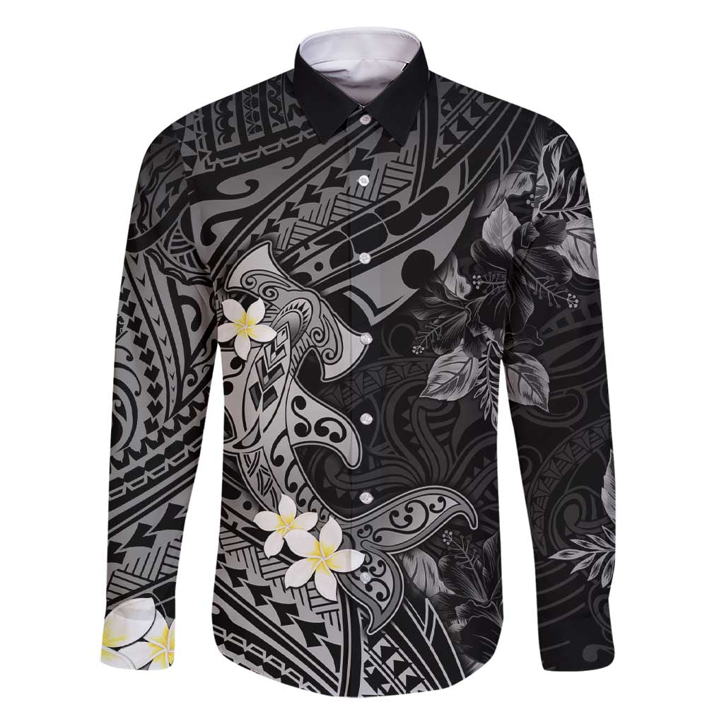 Polynesia Hammerhead Shark Family Matching Short Sleeve Bodycon Dress and Hawaiian Shirt Tropical Flowers Tribal Pattern Black LT05 Dad's Shirt - Long Sleeve Black - Polynesian Pride