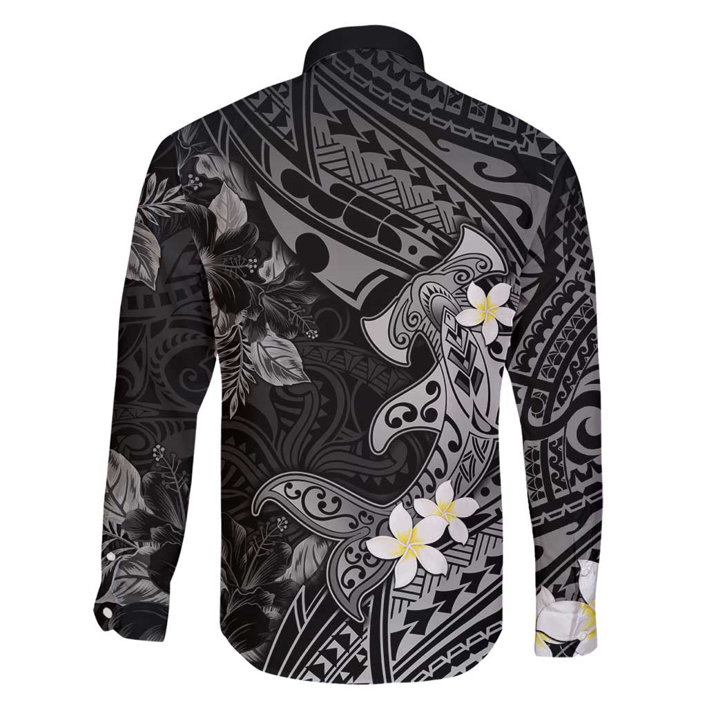 Polynesia Hammerhead Shark Family Matching Short Sleeve Bodycon Dress and Hawaiian Shirt Tropical Flowers Tribal Pattern Black LT05 - Polynesian Pride