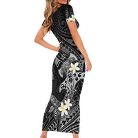 Polynesia Hammerhead Shark Family Matching Short Sleeve Bodycon Dress and Hawaiian Shirt Tropical Flowers Tribal Pattern Black LT05 - Polynesian Pride