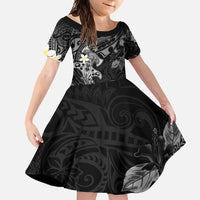 Polynesia Hammerhead Shark Family Matching Summer Maxi Dress and Hawaiian Shirt Tropical Flowers Tribal Pattern Black LT05 Daughter's Dress Black - Polynesian Pride