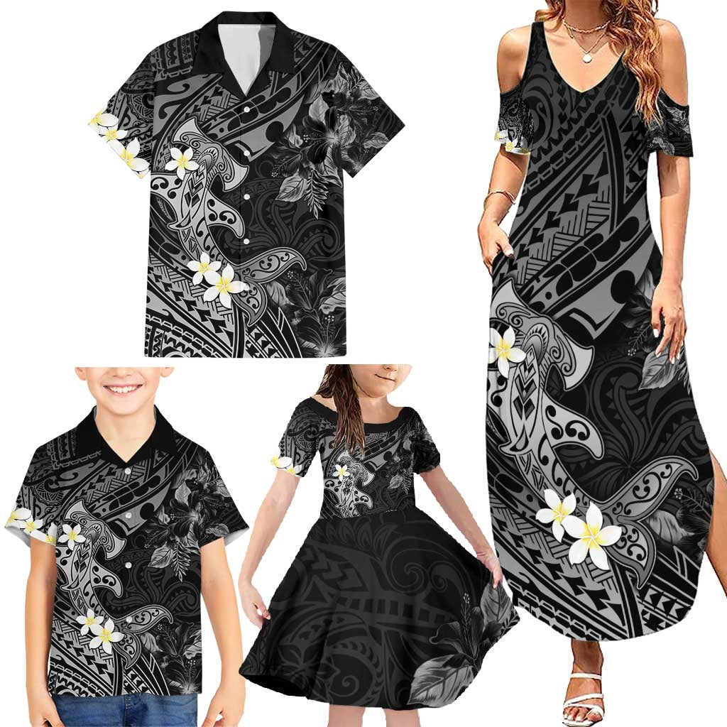 Polynesia Hammerhead Shark Family Matching Summer Maxi Dress and Hawaiian Shirt Tropical Flowers Tribal Pattern Black