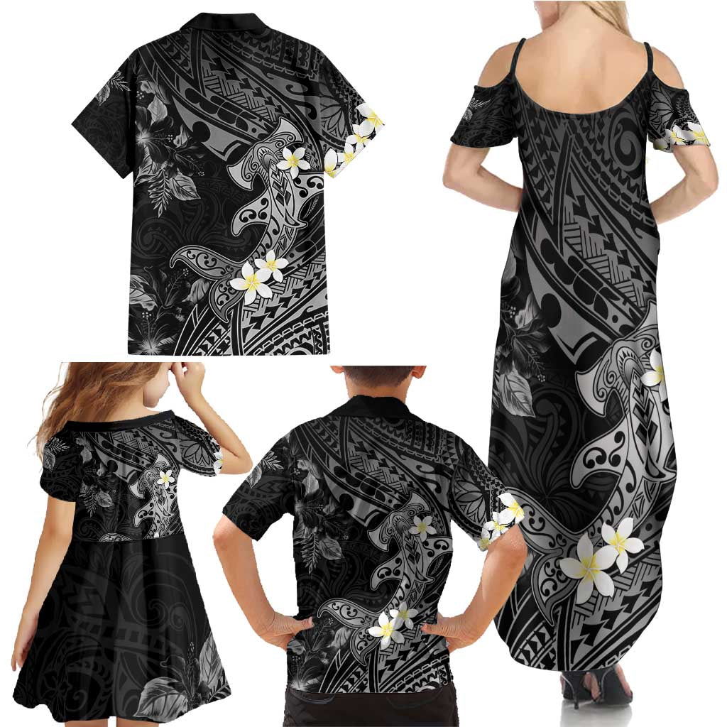 Polynesia Hammerhead Shark Family Matching Summer Maxi Dress and Hawaiian Shirt Tropical Flowers Tribal Pattern Black LT05 - Polynesian Pride