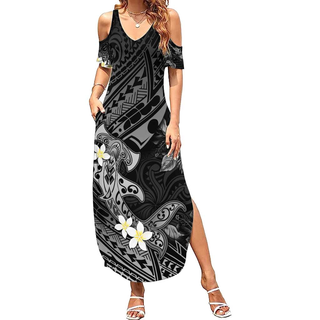 Polynesia Hammerhead Shark Family Matching Summer Maxi Dress and Hawaiian Shirt Tropical Flowers Tribal Pattern Black LT05 Mom's Dress Black - Polynesian Pride