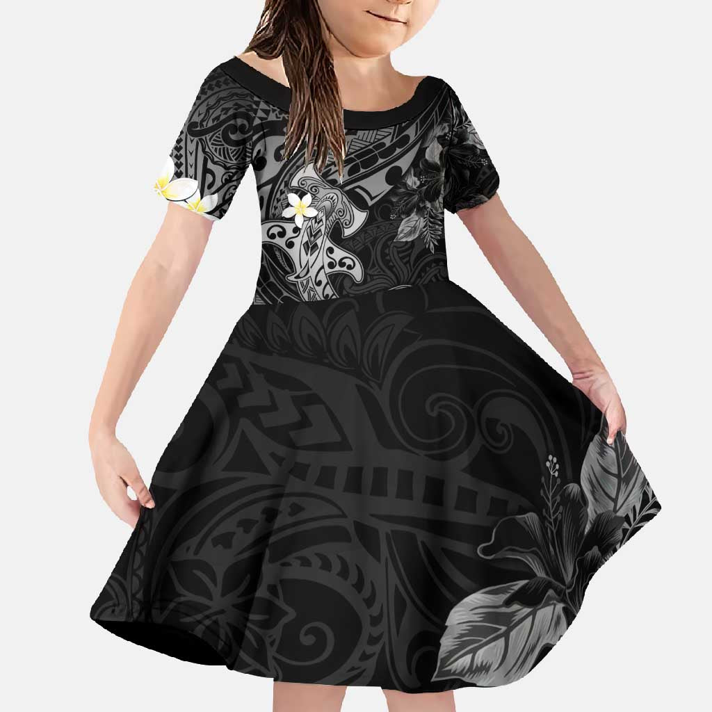 Polynesia Hammerhead Shark Family Matching Tank Maxi Dress and Hawaiian Shirt Tropical Flowers Tribal Pattern Black LT05 Daughter's Dress Black - Polynesian Pride