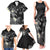 Polynesia Hammerhead Shark Family Matching Tank Maxi Dress and Hawaiian Shirt Tropical Flowers Tribal Pattern Black