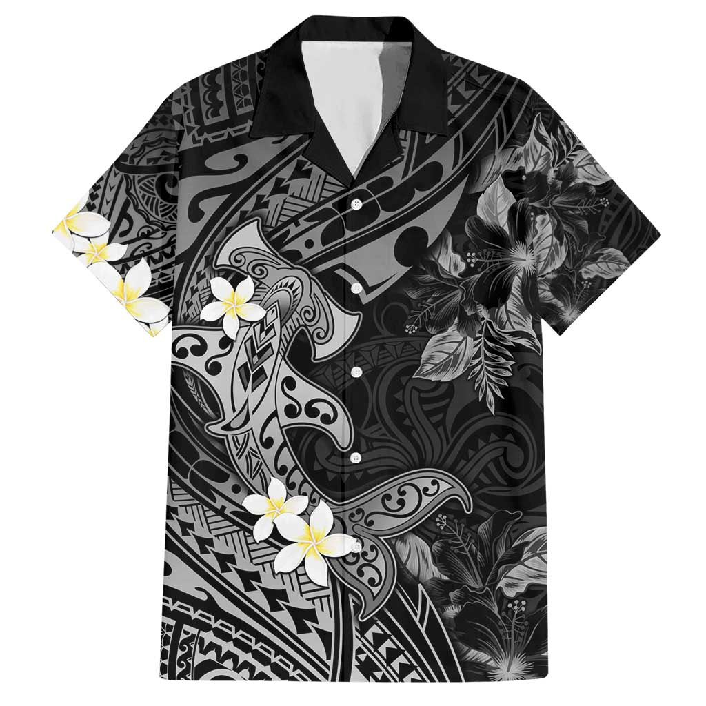 Polynesia Hammerhead Shark Hawaiian Shirt Tropical Flowers Tribal Pattern Black LT05 Black - Polynesian Pride