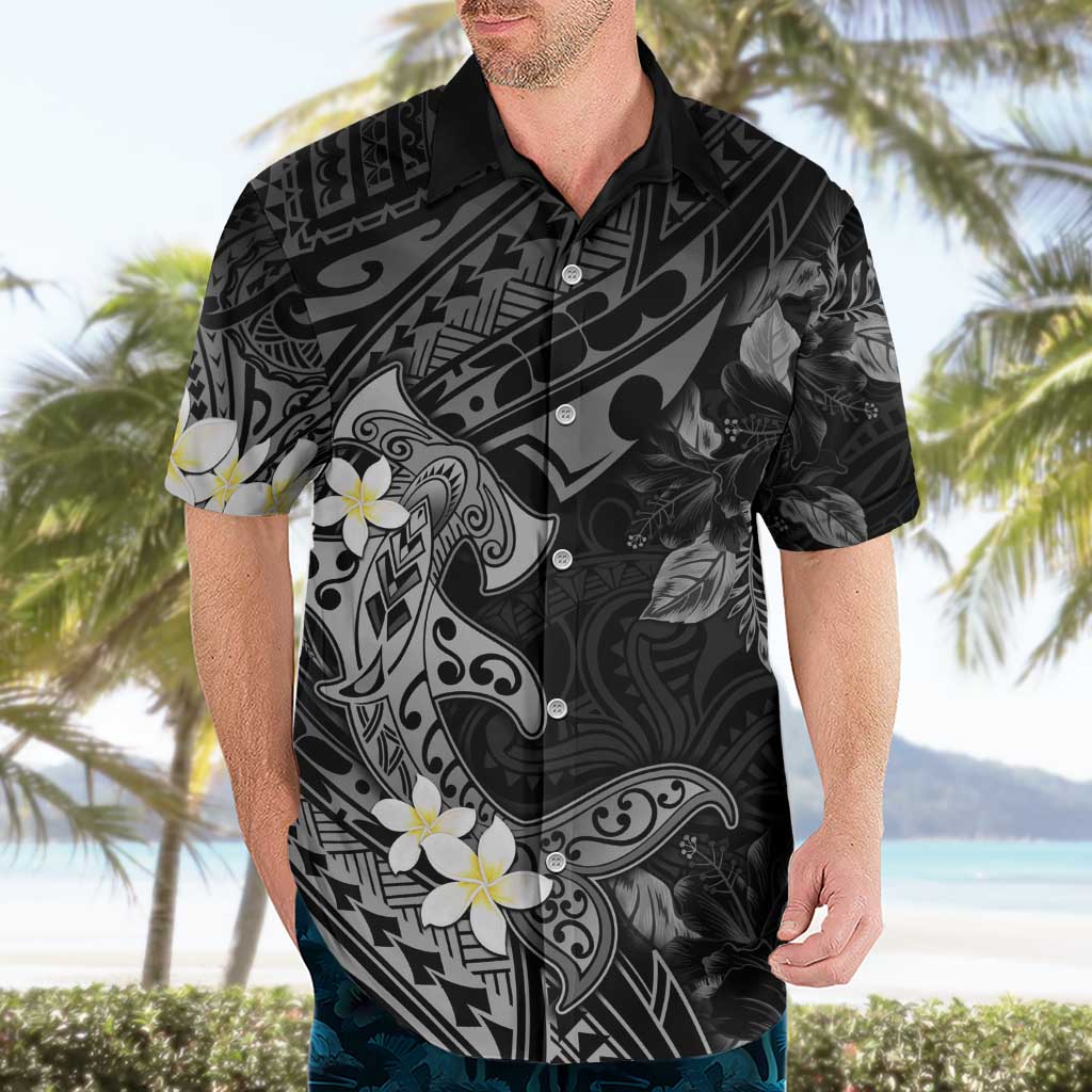 Polynesia Hammerhead Shark Hawaiian Shirt Tropical Flowers Tribal Pattern Black LT05 - Polynesian Pride