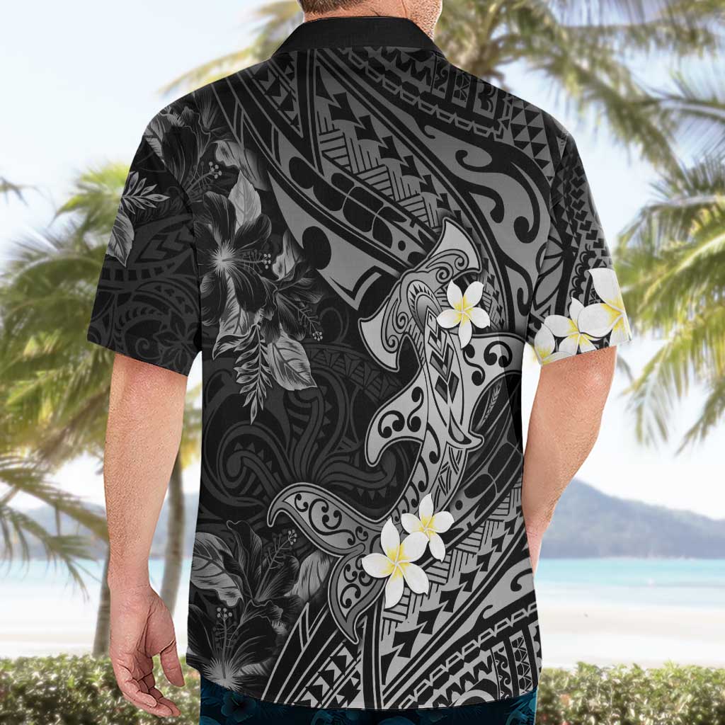 Polynesia Hammerhead Shark Hawaiian Shirt Tropical Flowers Tribal Pattern Black LT05 - Polynesian Pride