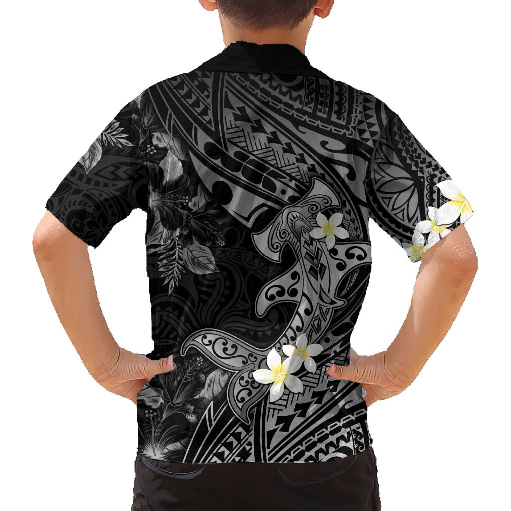 Polynesia Hammerhead Shark Hawaiian Shirt Tropical Flowers Tribal Pattern Black LT05 - Polynesian Pride