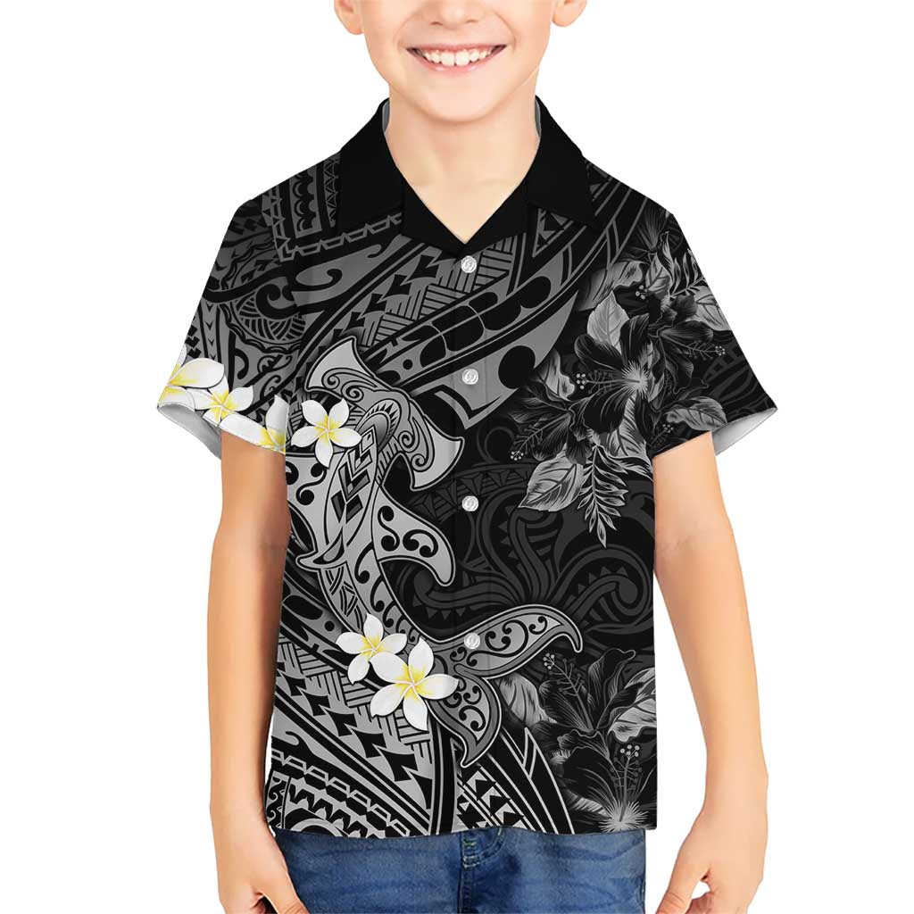 Polynesia Hammerhead Shark Kid Hawaiian Shirt Tropical Flowers Tribal Pattern Black