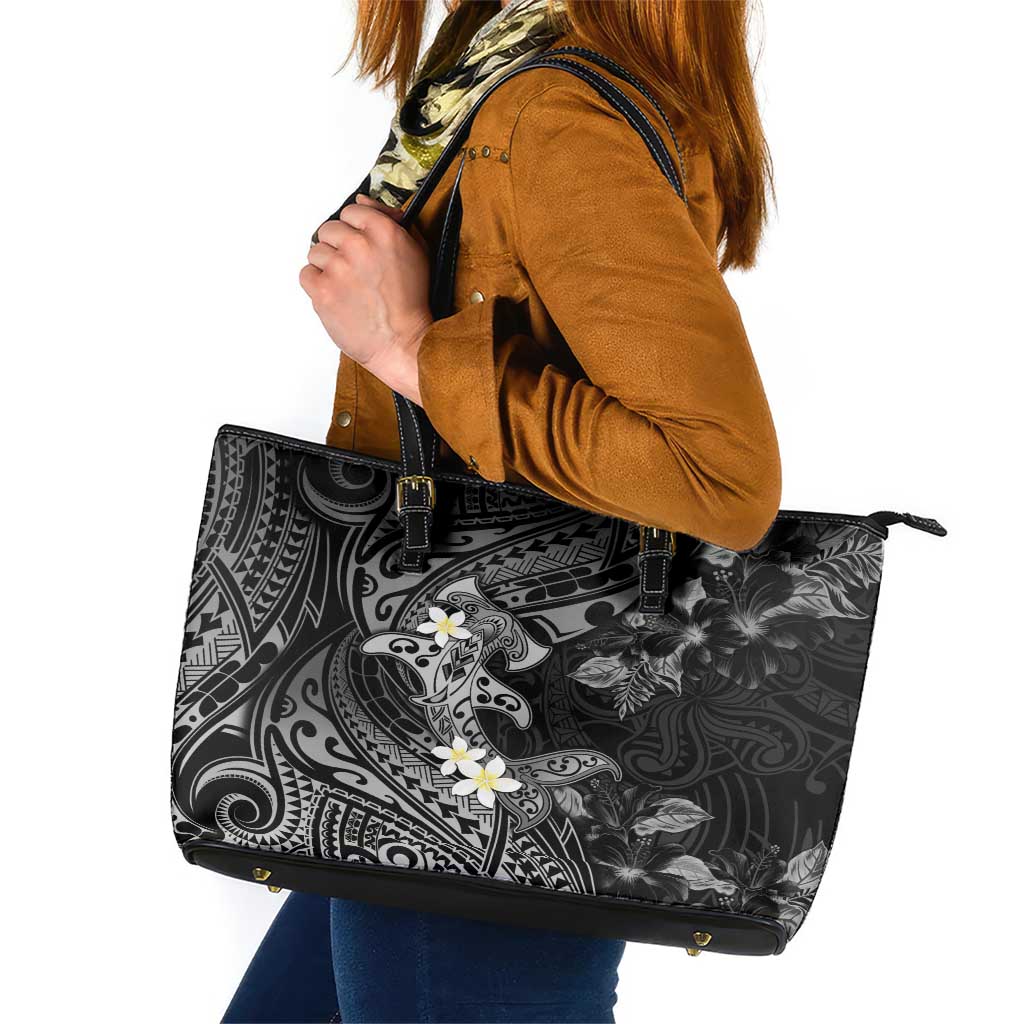 Polynesia Hammerhead Shark Leather Tote Bag Tropical Flowers Tribal Pattern Black LT05 Black - Polynesian Pride