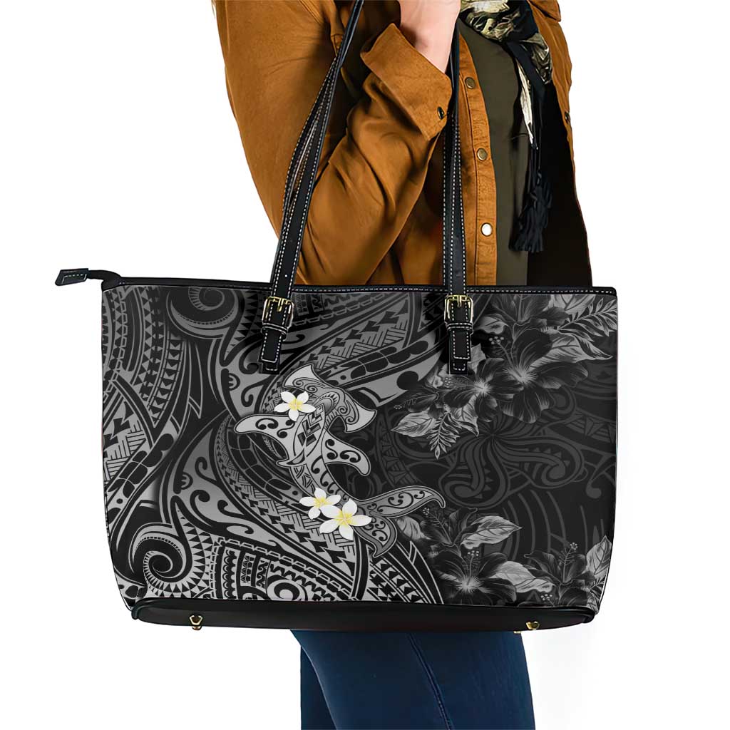 Polynesia Hammerhead Shark Leather Tote Bag Tropical Flowers Tribal Pattern Black LT05 - Polynesian Pride
