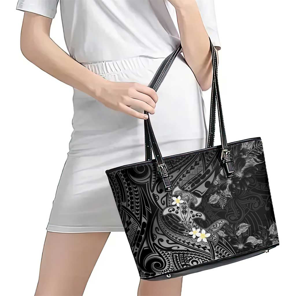 Polynesia Hammerhead Shark Leather Tote Bag Tropical Flowers Tribal Pattern Black LT05 - Polynesian Pride