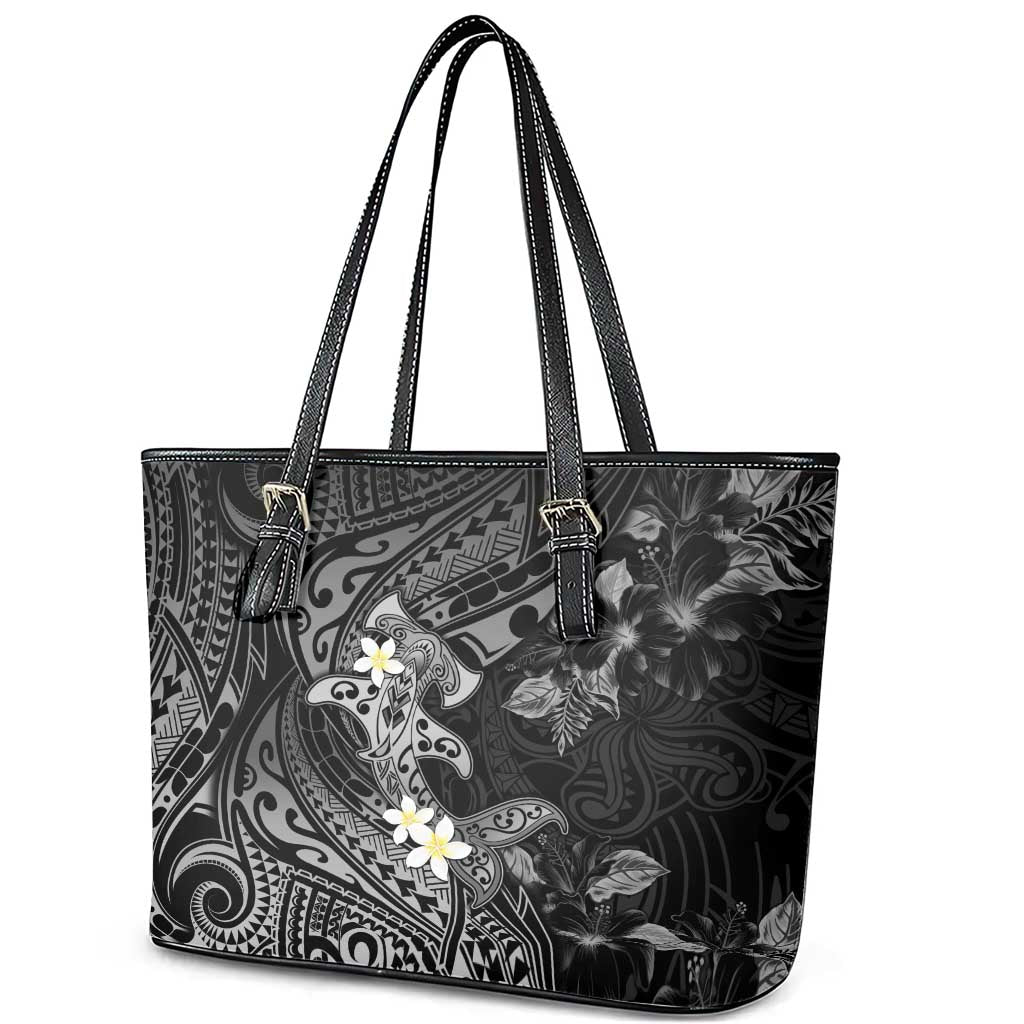 Polynesia Hammerhead Shark Leather Tote Bag Tropical Flowers Tribal Pattern Black LT05 - Polynesian Pride
