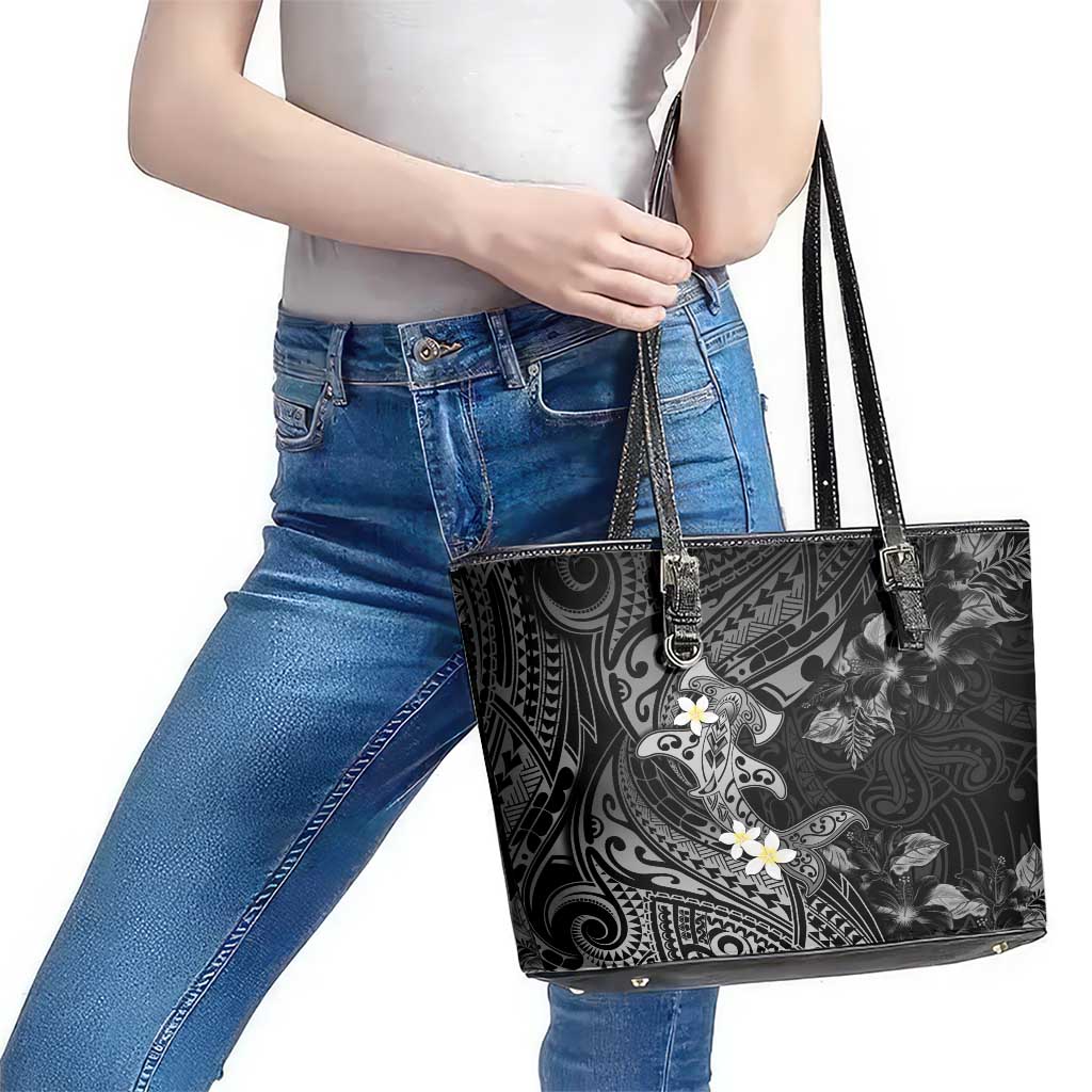 Polynesia Hammerhead Shark Leather Tote Bag Tropical Flowers Tribal Pattern Black LT05 - Polynesian Pride