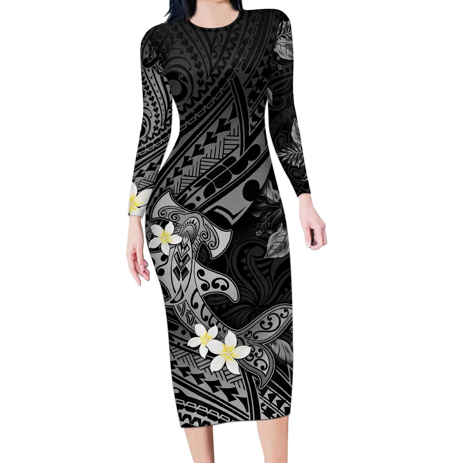 Polynesia Hammerhead Shark Long Sleeve Bodycon Dress Tropical Flowers Tribal Pattern Black