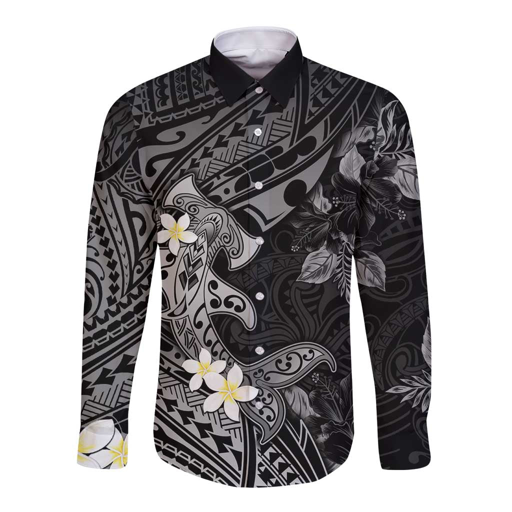 Polynesia Hammerhead Shark Long Sleeve Button Shirt Tropical Flowers Tribal Pattern Black