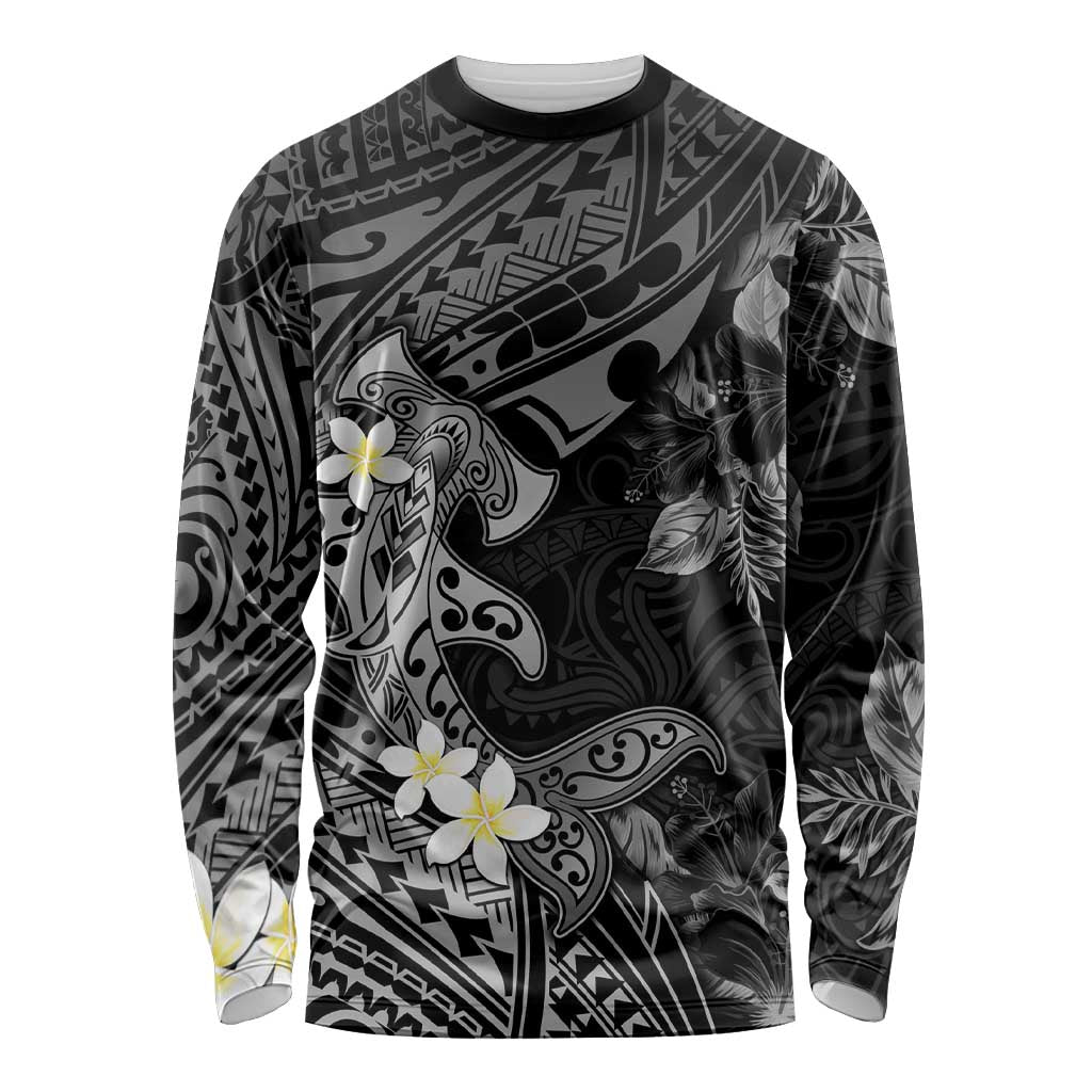 Polynesia Hammerhead Shark Long Sleeve Shirt Tropical Flowers Tribal Pattern Black