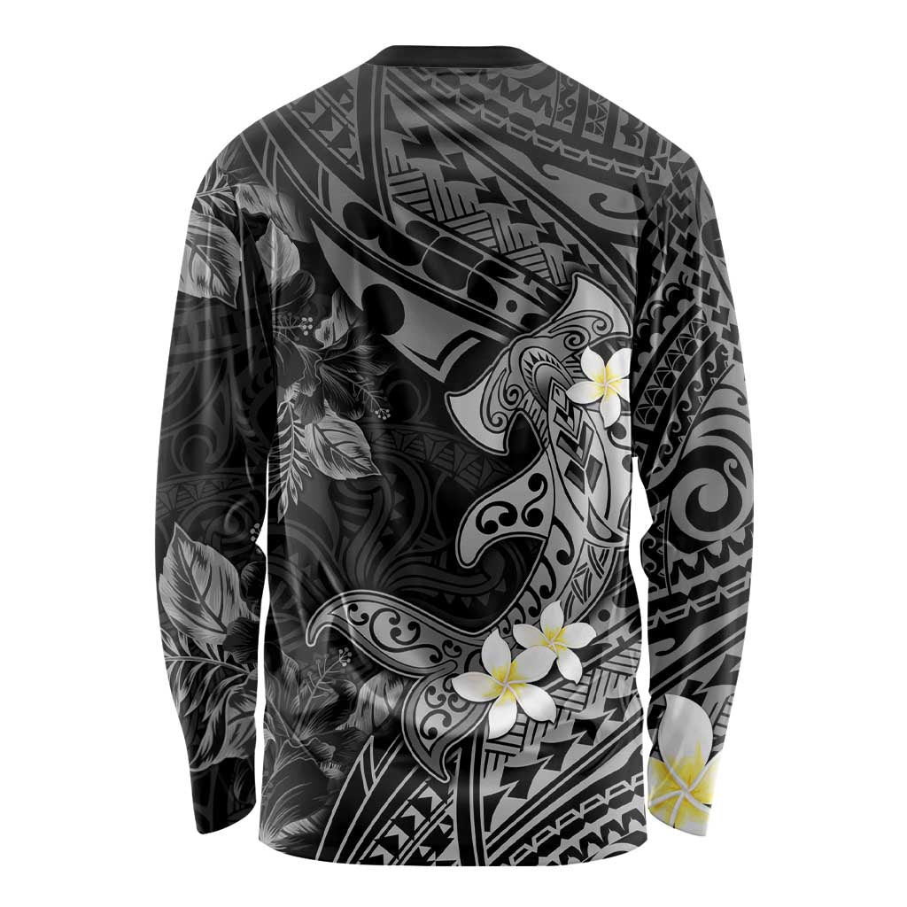 Polynesia Hammerhead Shark Long Sleeve Shirt Tropical Flowers Tribal Pattern Black