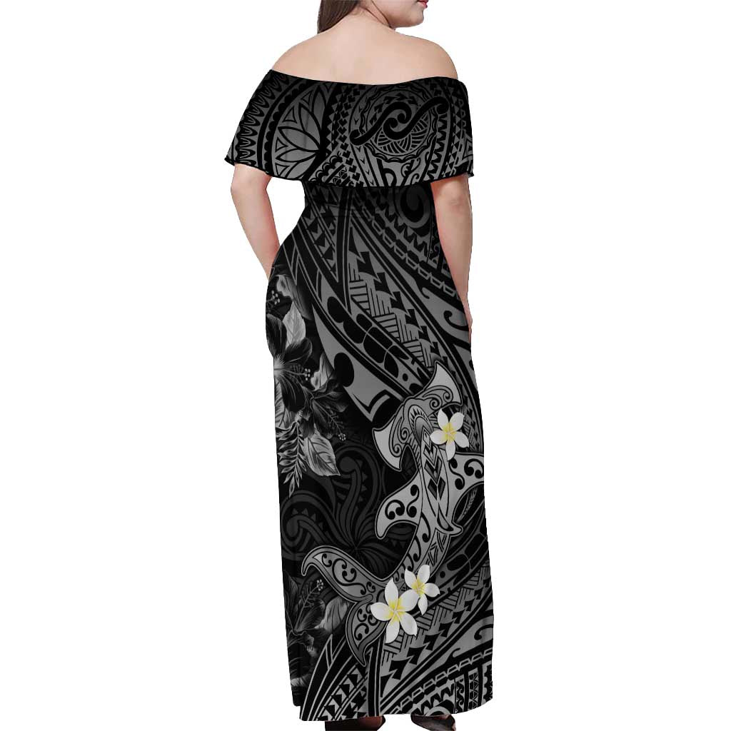 Polynesia Hammerhead Shark Off Shoulder Maxi Dress Tropical Flowers Tribal Pattern Black LT05 - Polynesian Pride