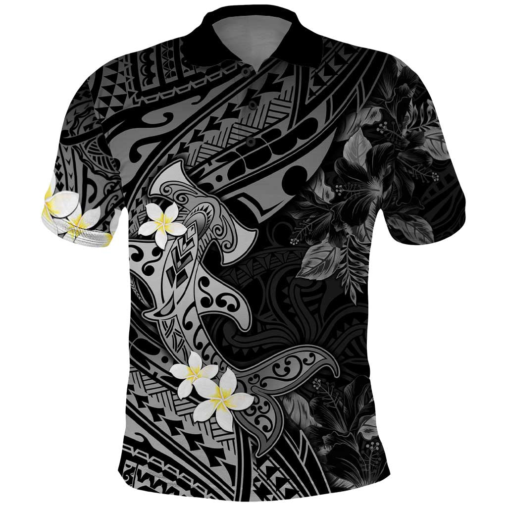 Polynesia Hammerhead Shark Polo Shirt Tropical Flowers Tribal Pattern Black