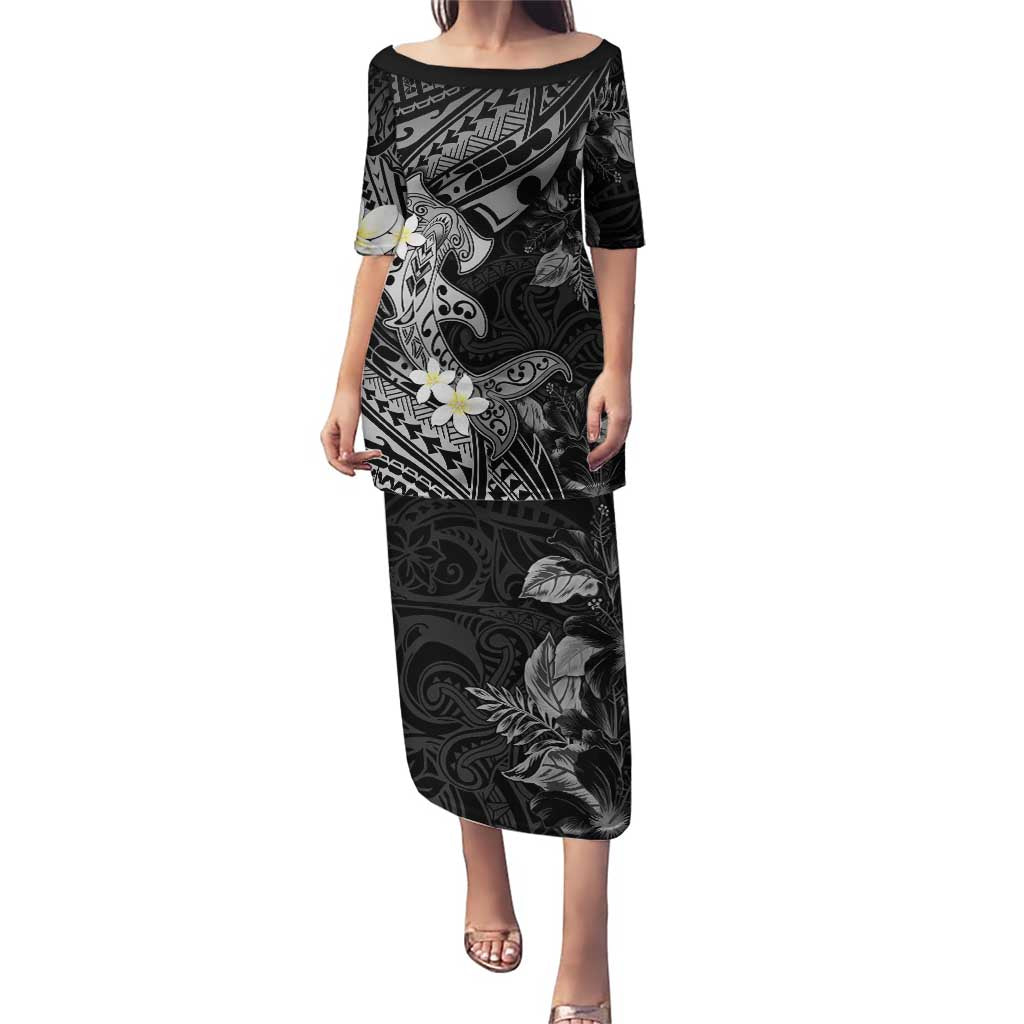 Polynesia Hammerhead Shark Puletasi Tropical Flowers Tribal Pattern Black LT05 Long Dress Black - Polynesian Pride