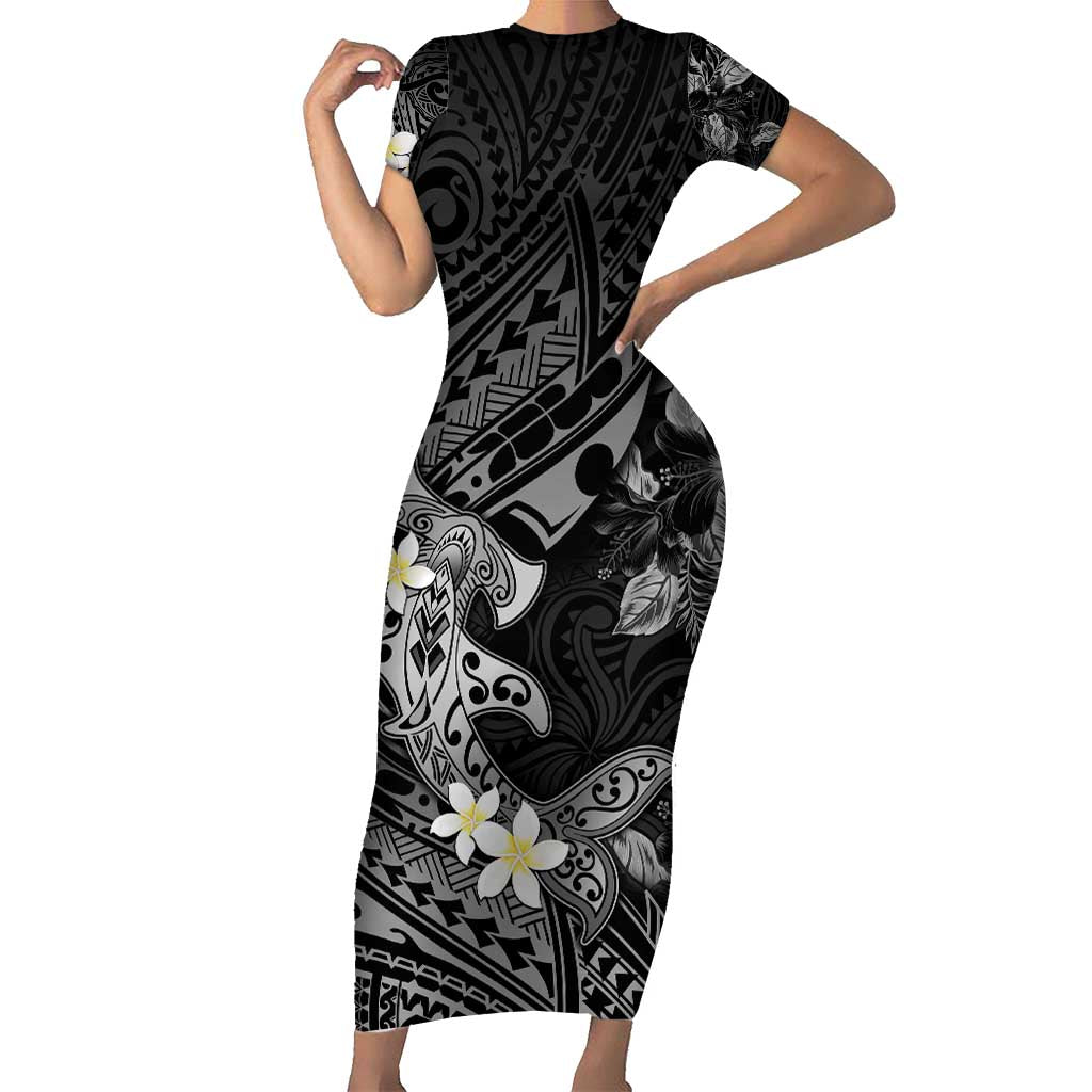 Polynesia Hammerhead Shark Short Sleeve Bodycon Dress Tropical Flowers Tribal Pattern Black