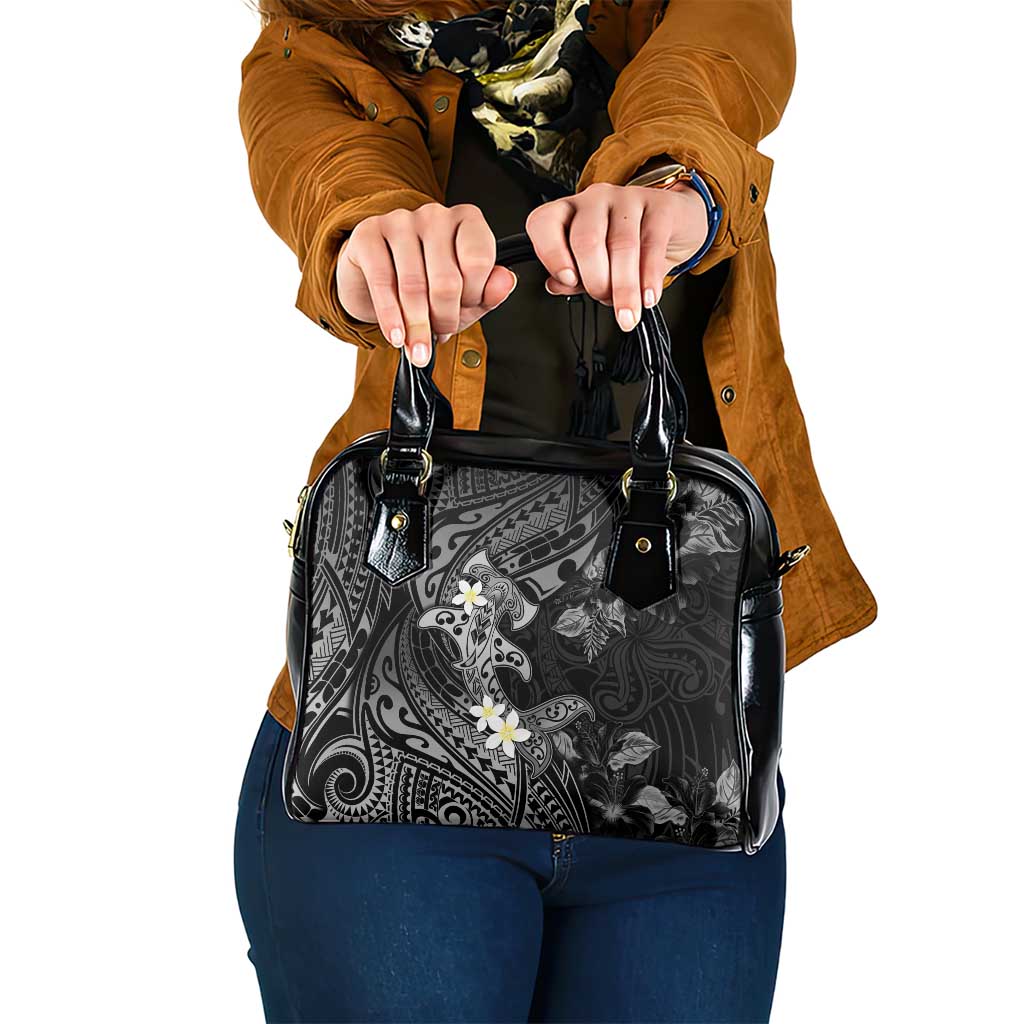 Polynesia Hammerhead Shark Shoulder Handbag Tropical Flowers Tribal Pattern Black