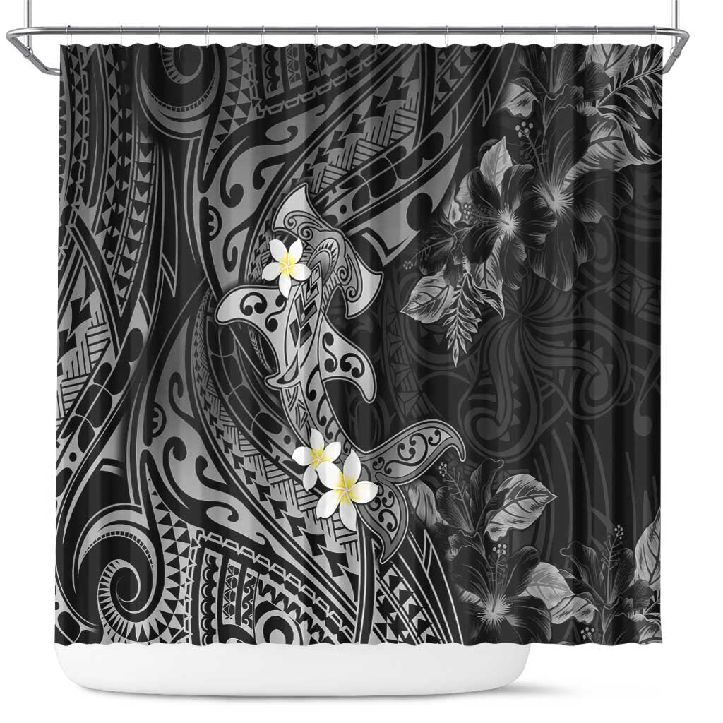 Polynesia Hammerhead Shark Shower Curtain Tropical Flowers Tribal Pattern Black