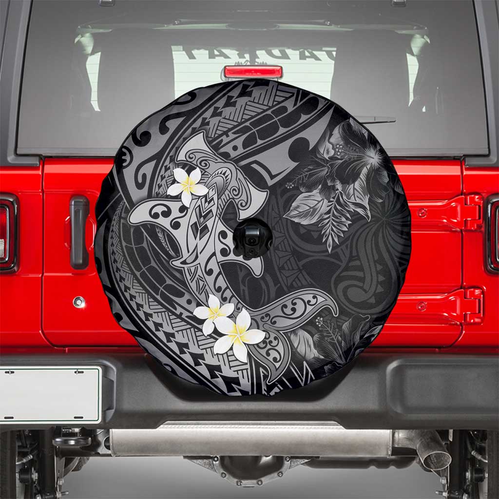 Polynesia Hammerhead Shark Spare Tire Cover Tropical Flowers Tribal Pattern Black LT05 - Polynesian Pride